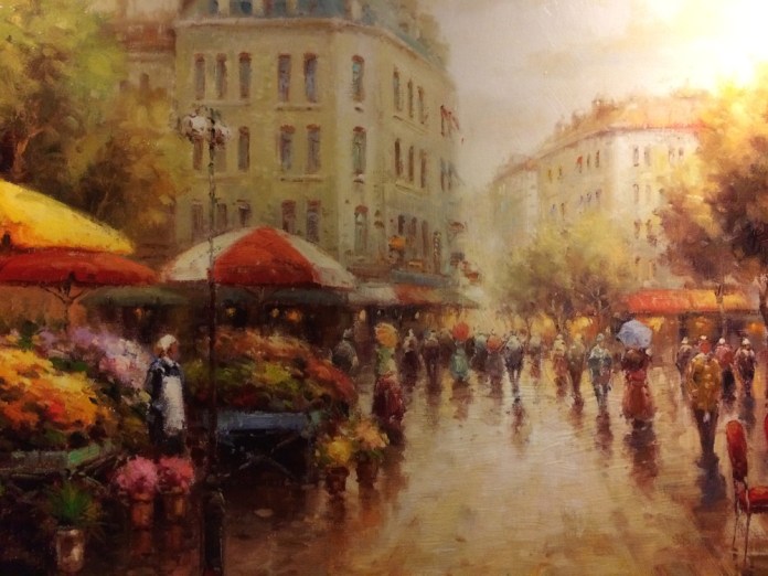 An oil painting of a European street scene (artist unknown).