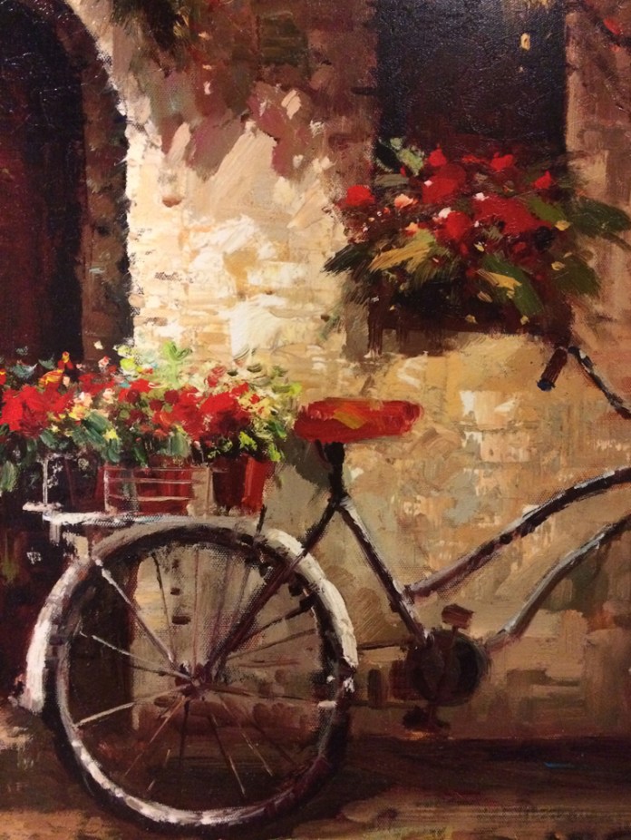 Bicycle leaning against building. Oil on canvas, artist unknown.